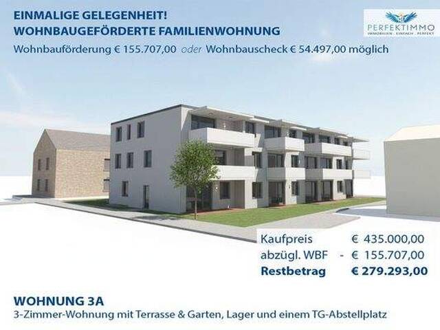Immobilie in Haiming - Wohnbauförderung möglich! 3-Zimmer-Neubauwohnung Top W 3A mit Terrasse & Garten sowie 1 TG-Platz - Bild 0