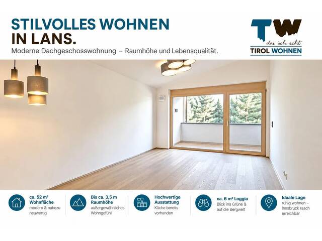 Immobilie in Lans - Stilvolles Wohnen in Lans – Dachgeschosswohnung mit außergewöhnlicher Raumhöhe - Bild 0